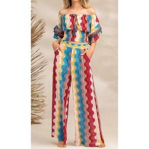 PHO Firenze Rainbow Wave Woven Knit Wide Leg Pants Medium Retro Festival Boho